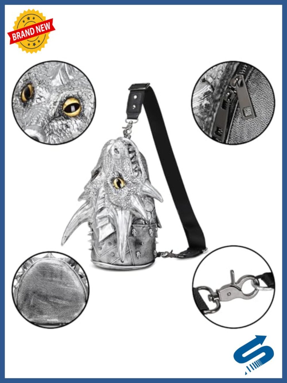 3D Dragon Head Crossbody Bag Steampunk Chain Shoulder Sling Bag Waterproof PVC - Picture 5 of 6